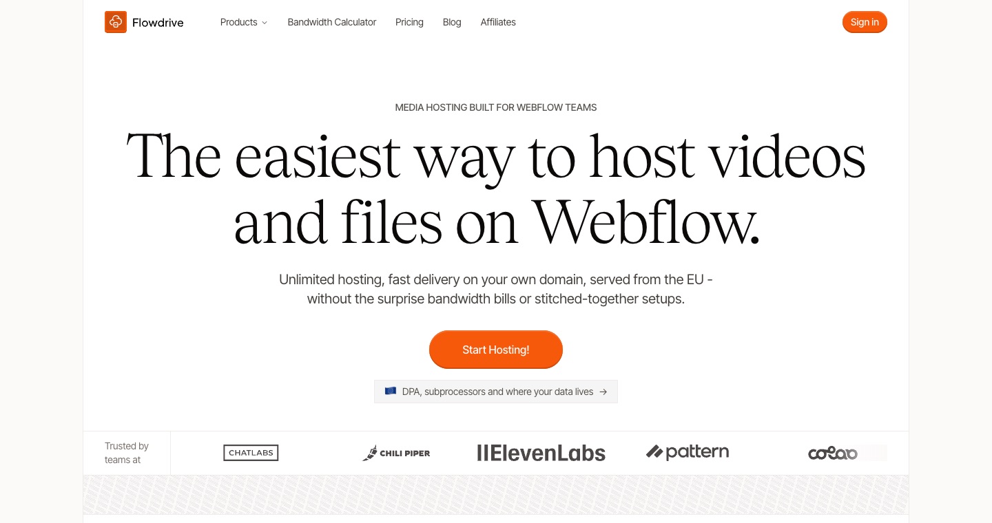 Flowdrive hero: an eyebrow line, a large serif headline, a short subheading, an orange Start Hosting button, an EU data note and a row of customer logos.