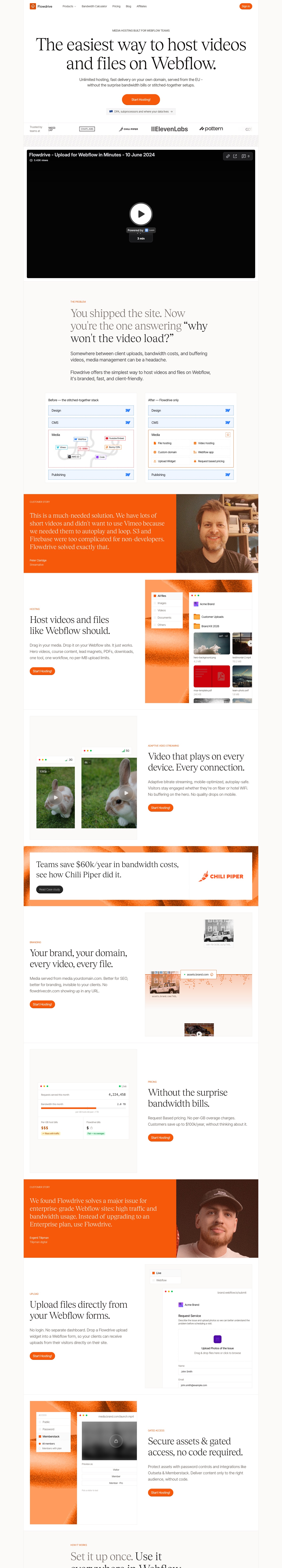 The full Flowdrive homepage, from the serif headline ‘The easiest way to host videos and files on Webflow’ through a before-and-after diagram of a media stack, customer quotes on orange panels, and feature sections.