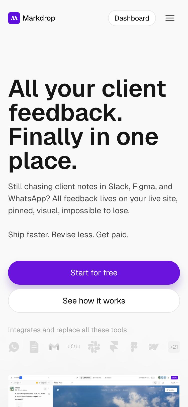 Markdrop homepage on a phone, with a large headline and stacked purple and white buttons.