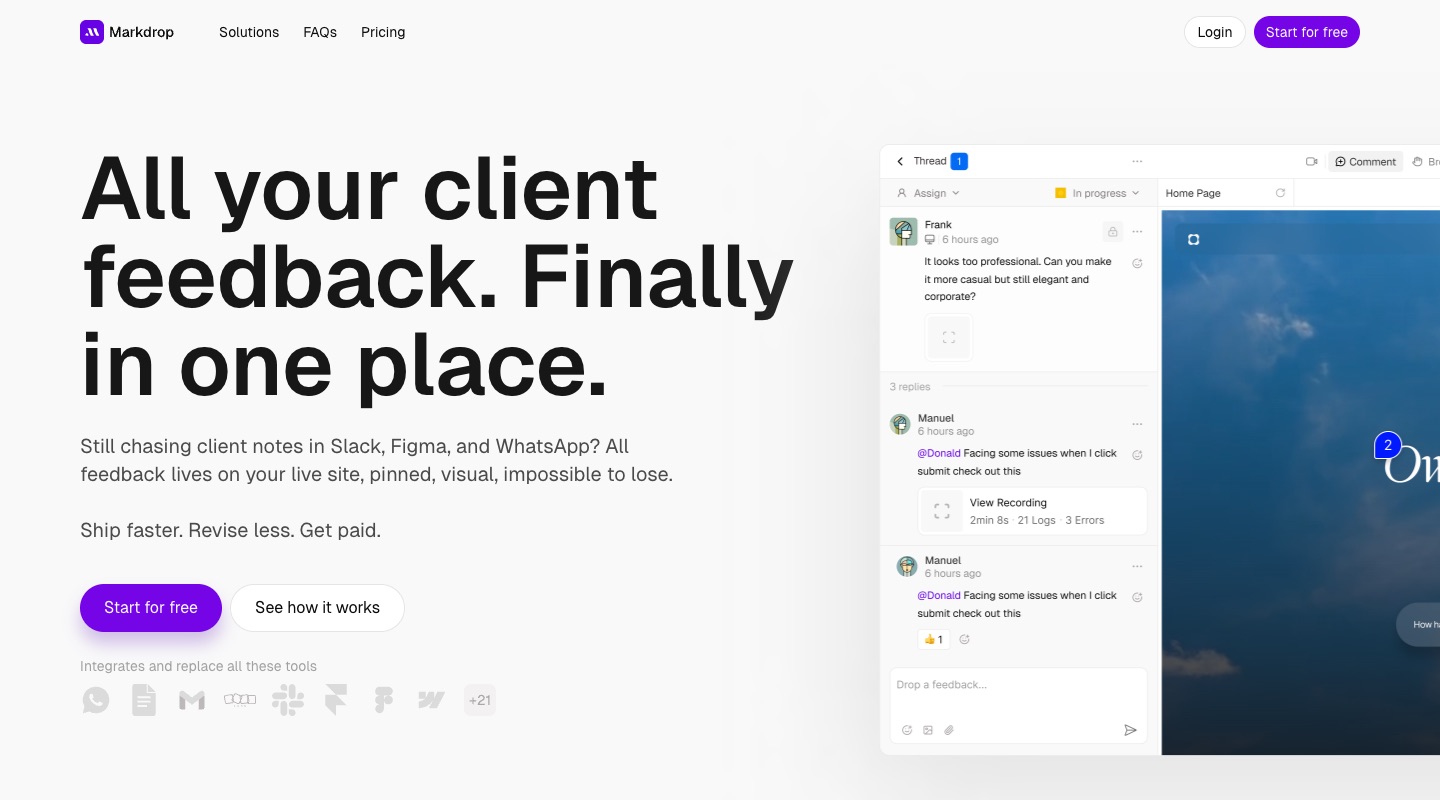 Markdrop hero: the headline ‘All your client feedback. Finally in one place.’, a short subheading, purple Start for free and white See how it works buttons, a row of tool icons and a product screenshot of comment threads on a website.