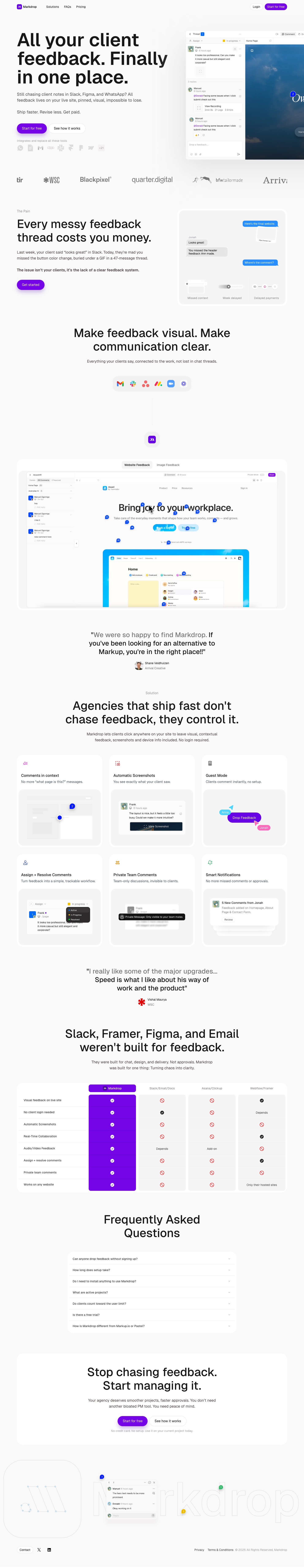 The full Markdrop homepage: a bold headline ‘All your client feedback. Finally in one place.’, a pain section with chat bubbles, feature cards, a comparison table with a purple Markdrop column, FAQs and a closing call to action.